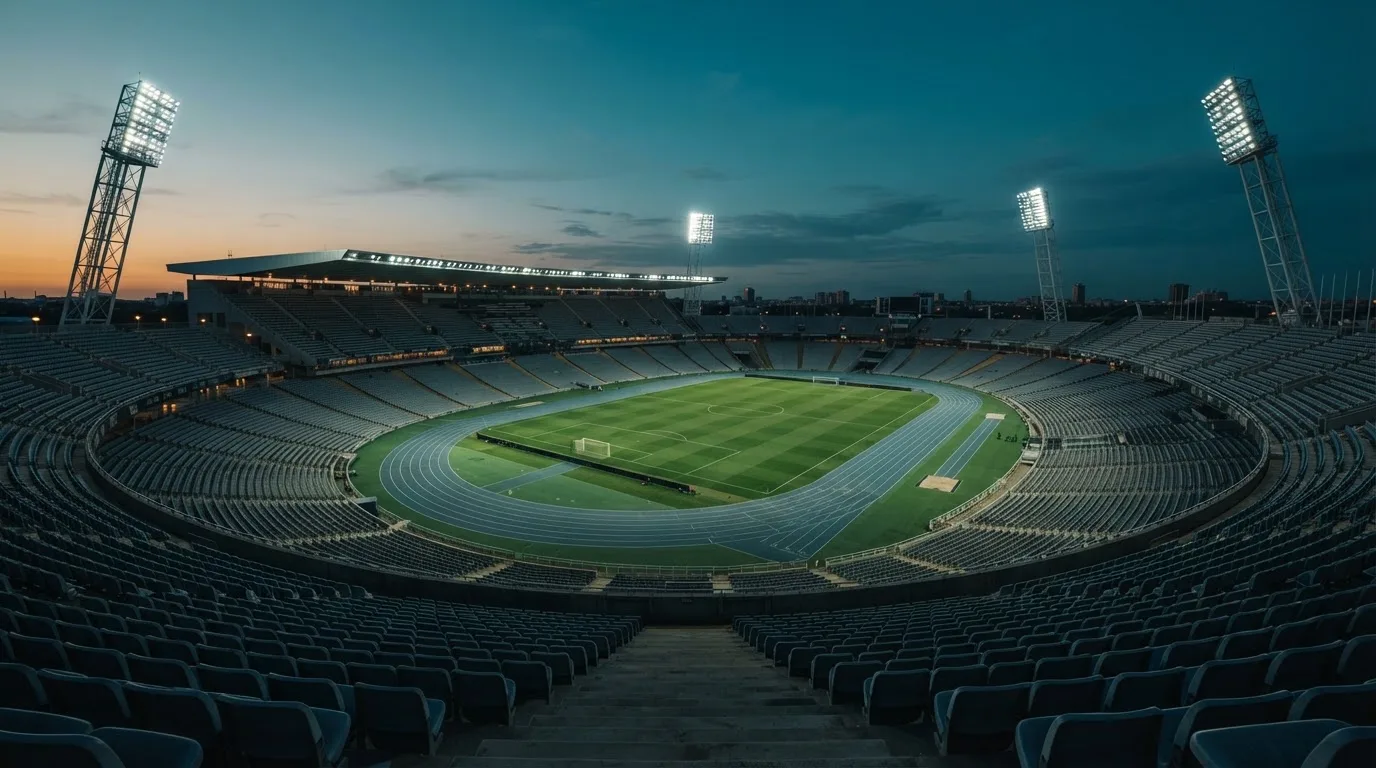 An empty football stadium with floodlight masts at dusk