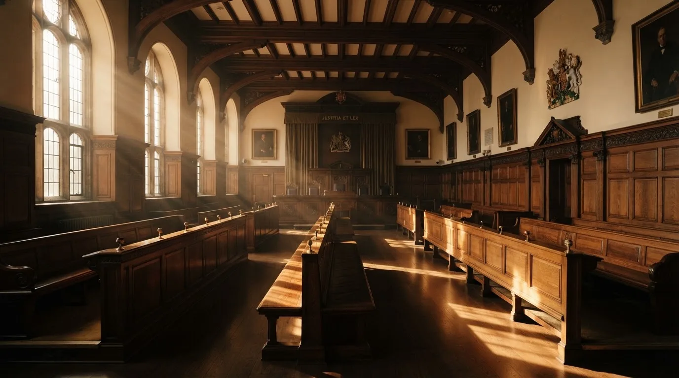 An empty courtroom with wooden benches in morning light