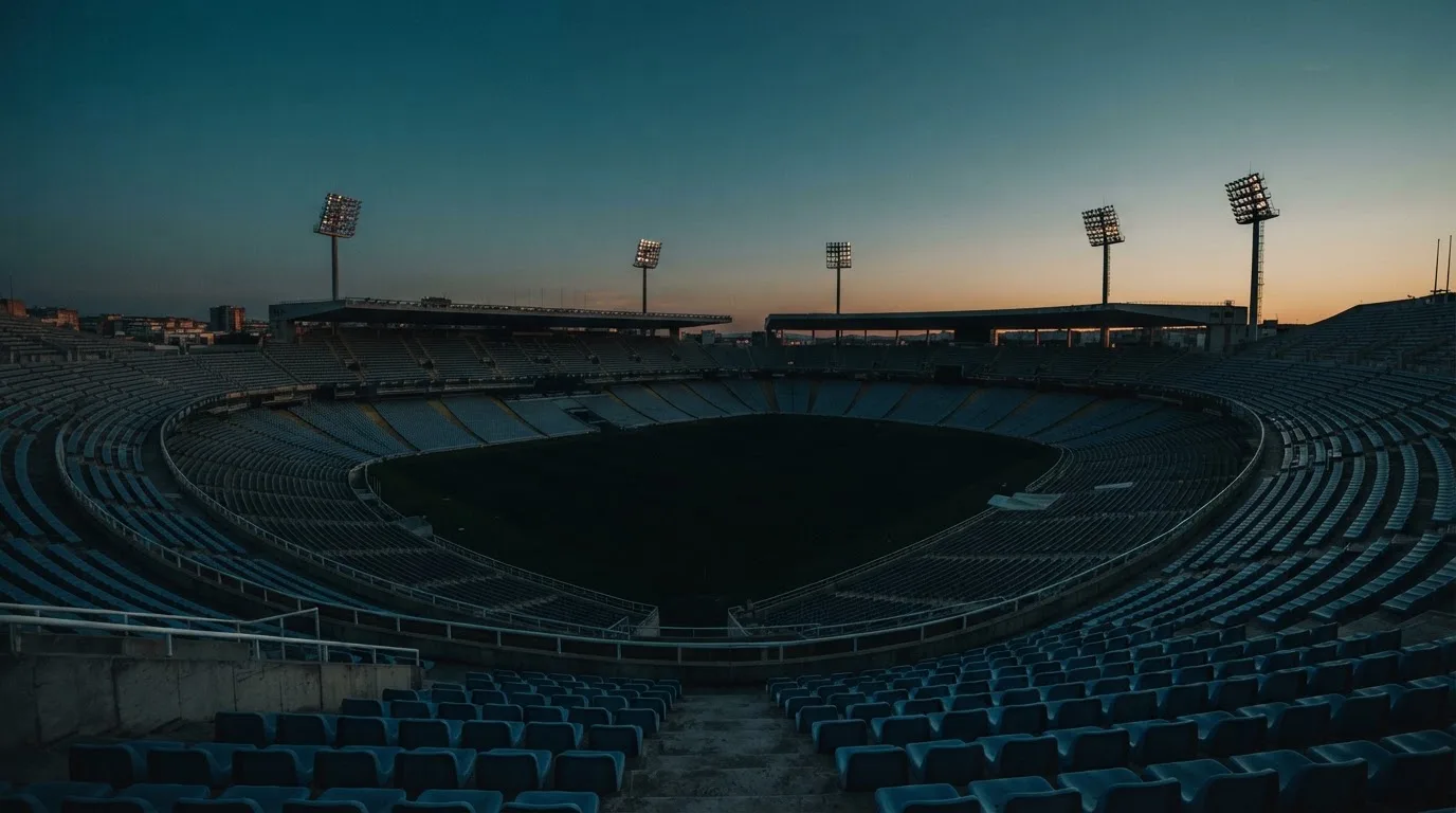 An empty football stadium with floodlight masts at dusk