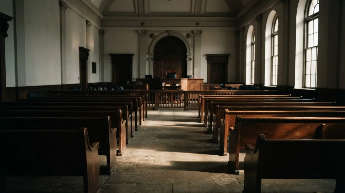 An empty courtroom with wooden benches in morning light