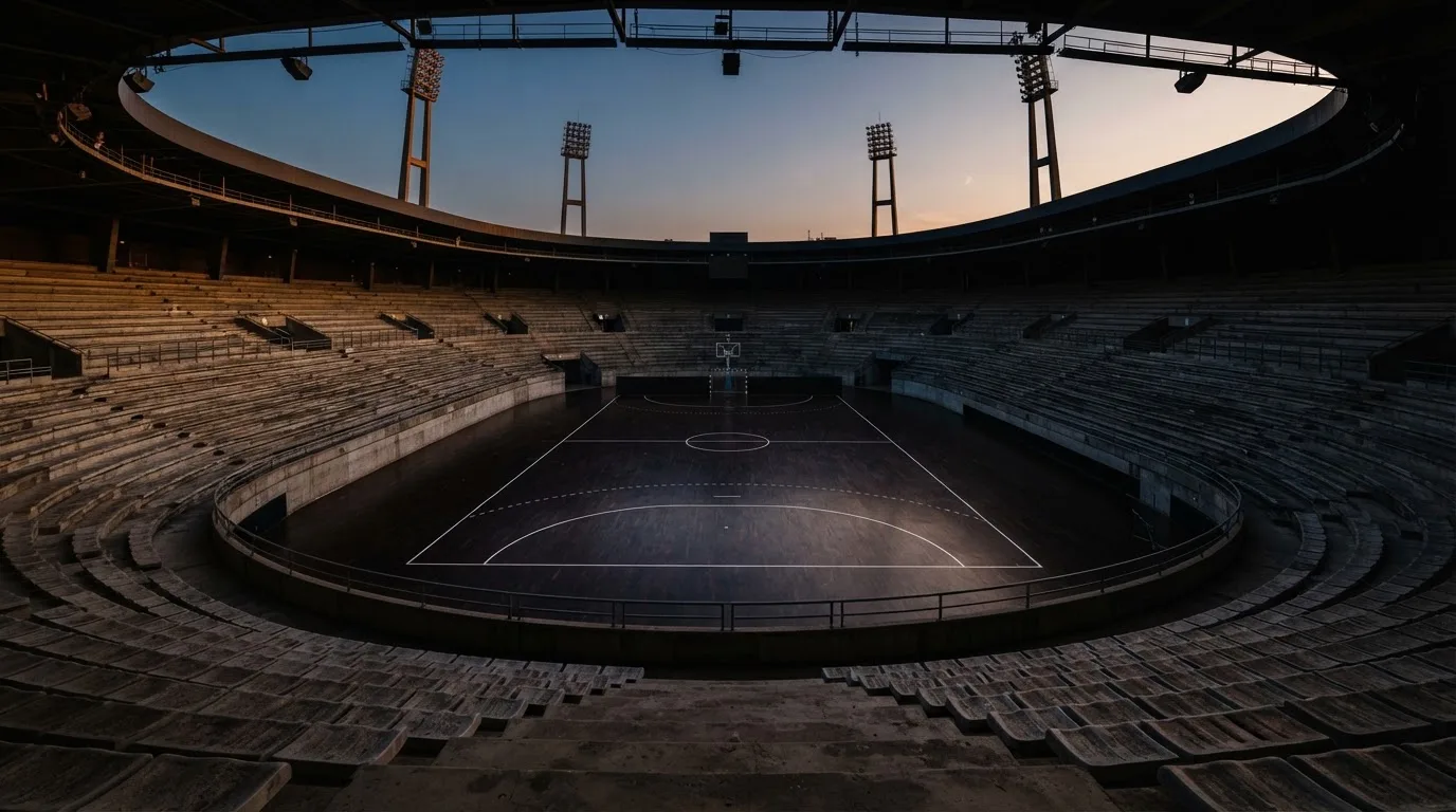 An empty football stadium with floodlight masts at dusk