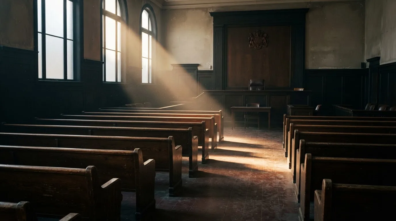 An empty courtroom with wooden benches in morning light