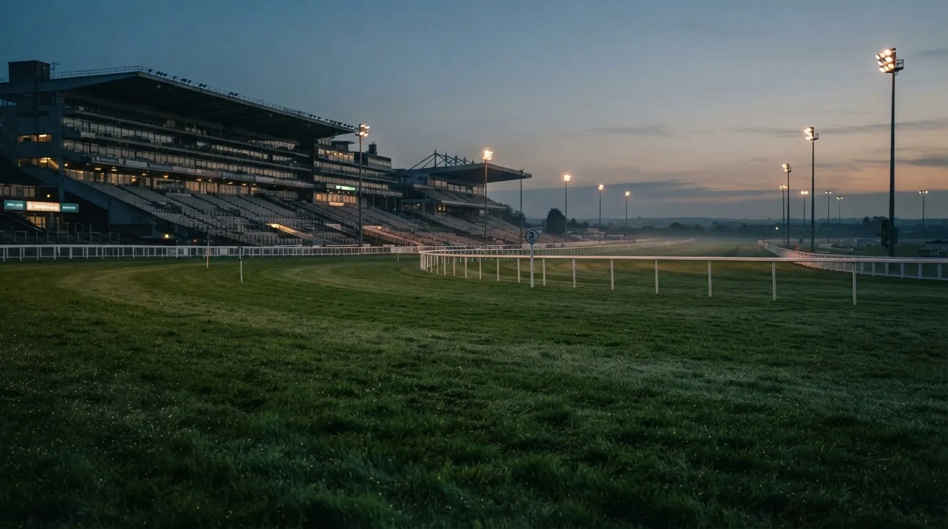 An empty football stadium with floodlight masts at dusk