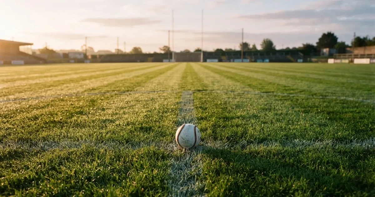 A ball on the centre spot of a grass pitch in morning light