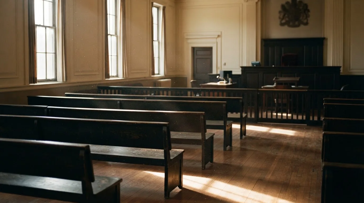 An empty courtroom with wooden benches in morning light