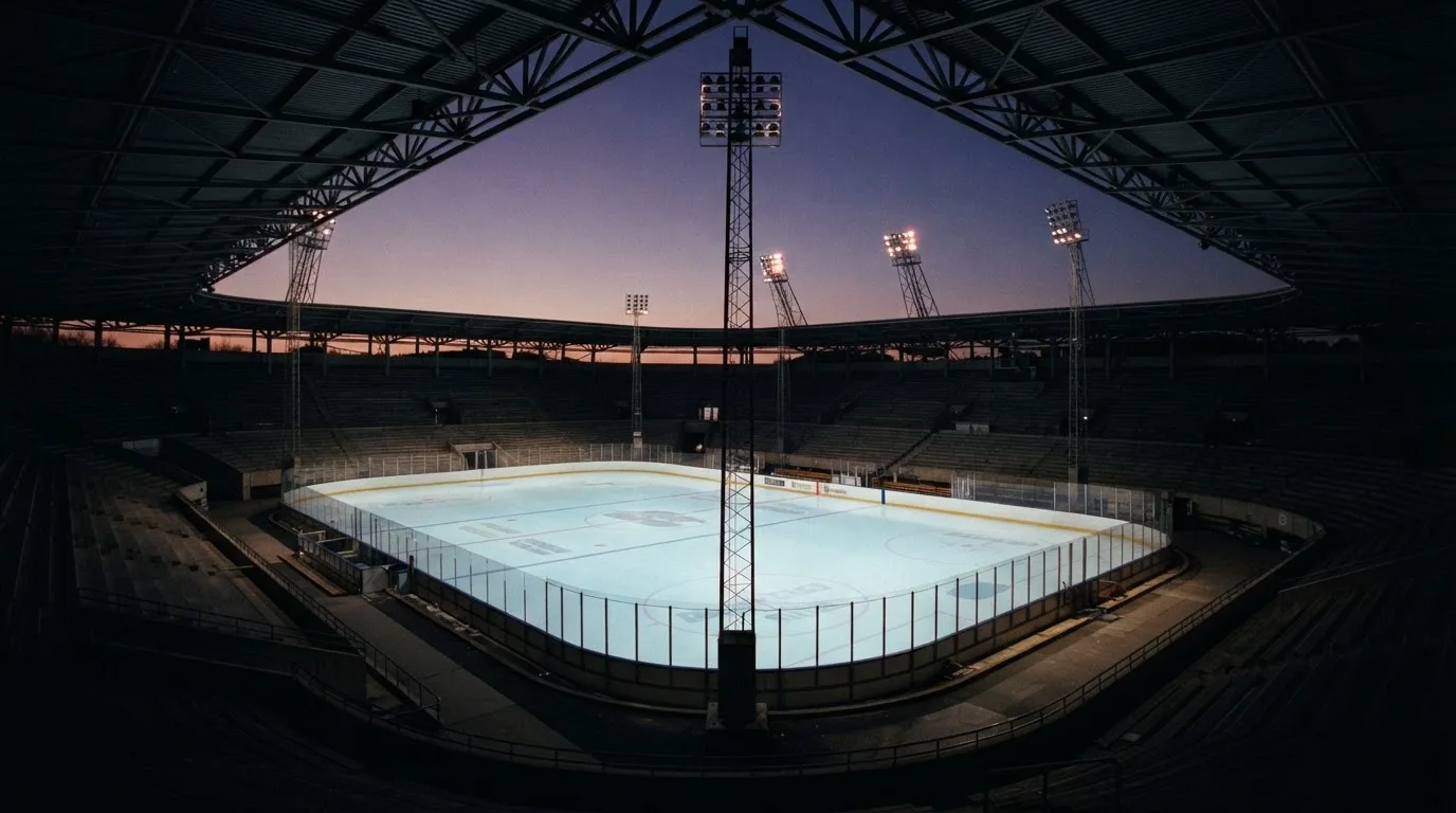 An empty football stadium with floodlight masts at dusk