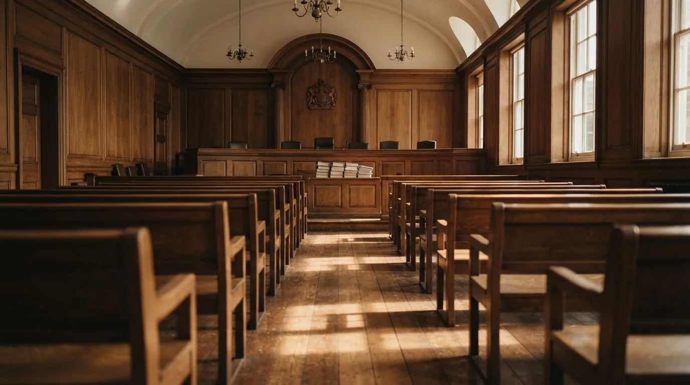An empty courtroom with wooden benches in morning light