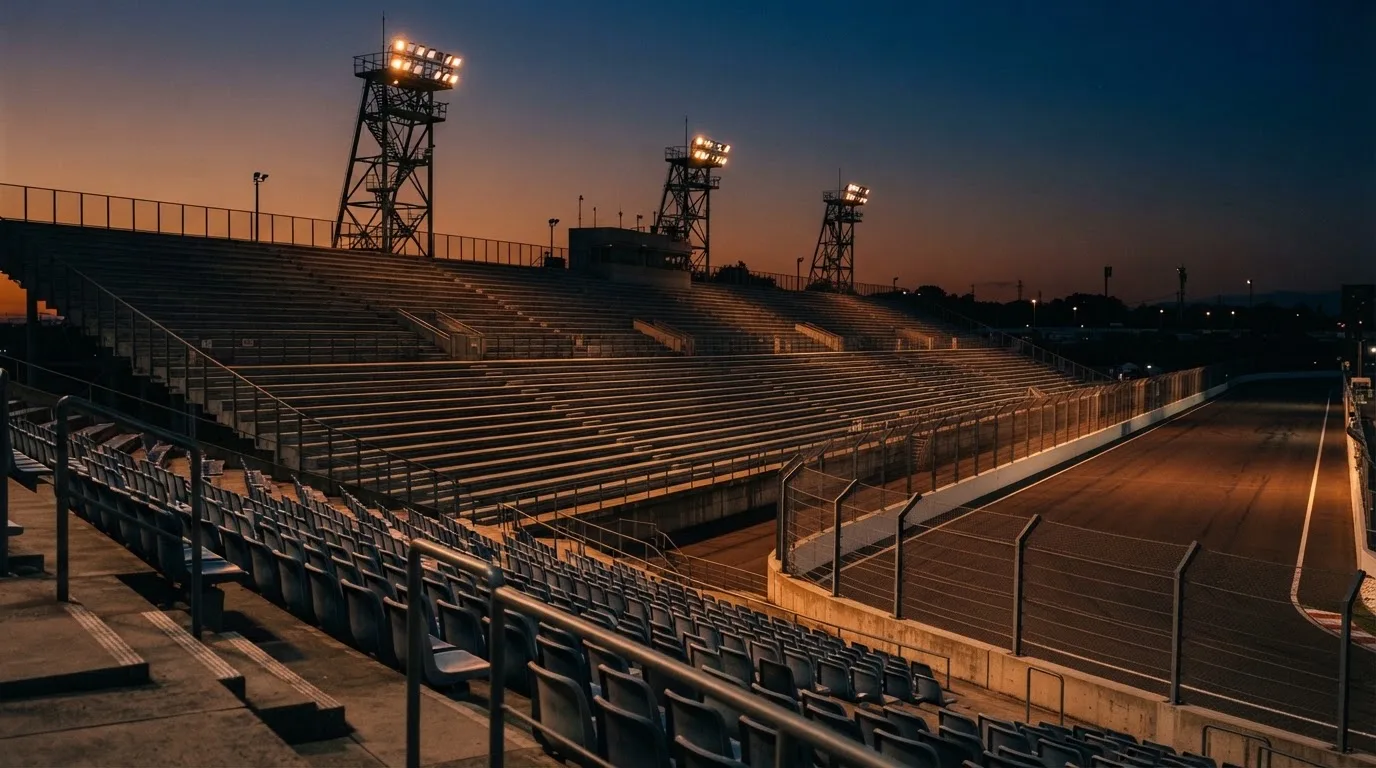 An empty football stadium with floodlight masts at dusk