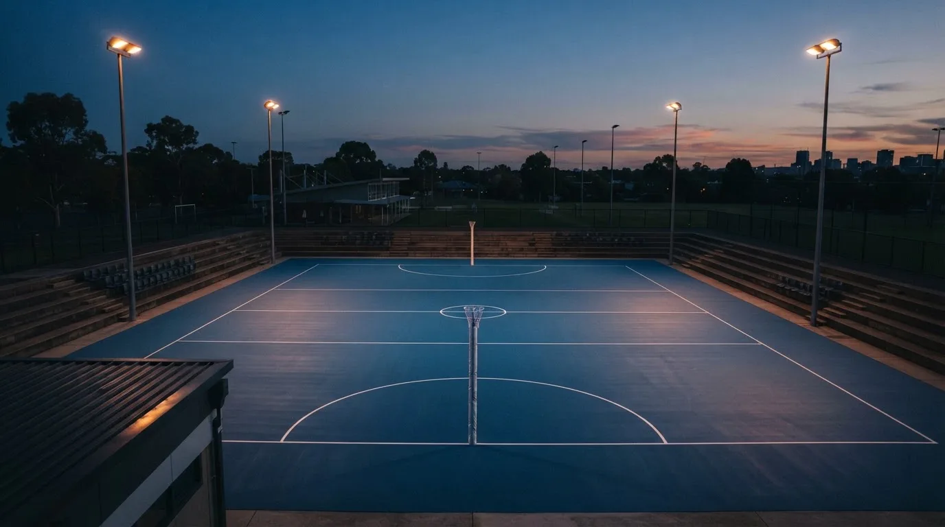 An empty football stadium with floodlight masts at dusk