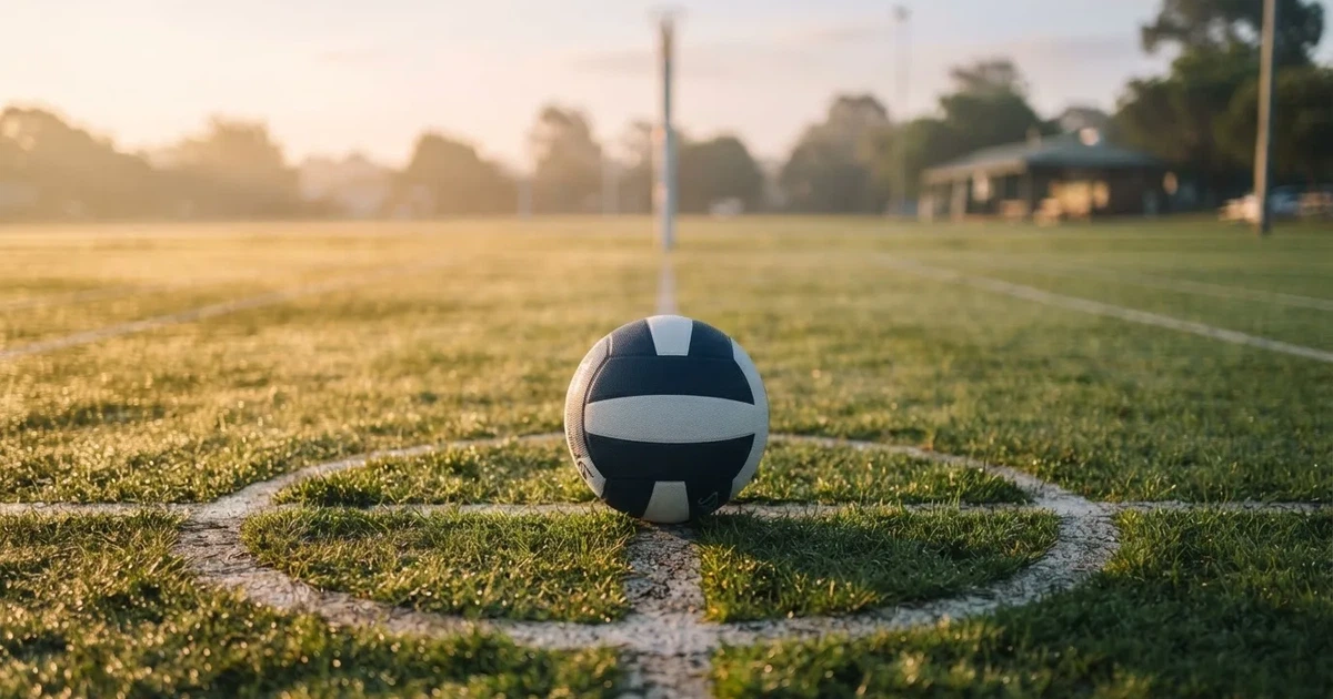 A ball on the centre spot of a grass pitch in morning light