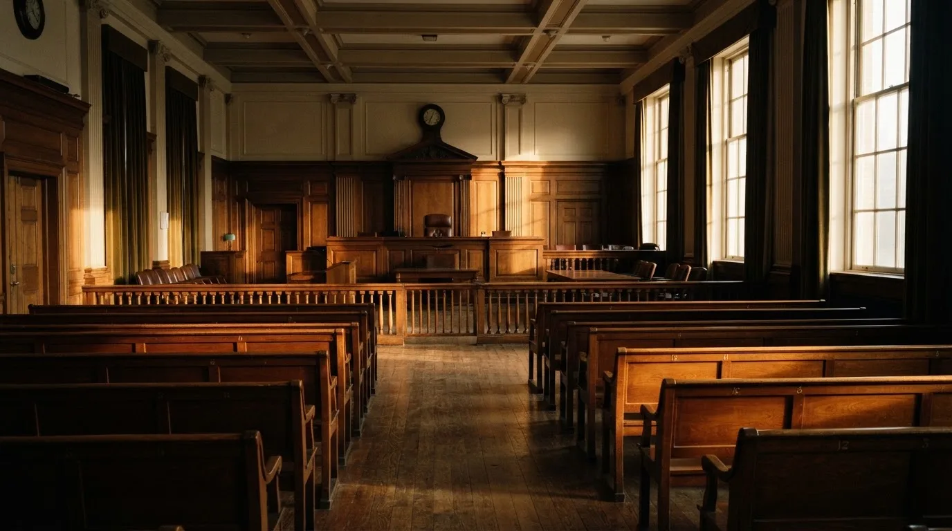 An empty courtroom with wooden benches in morning light