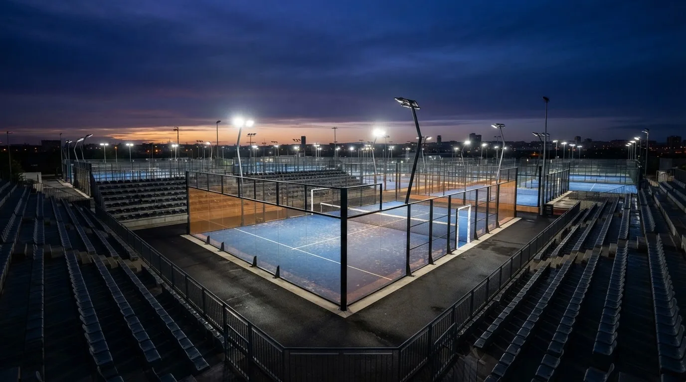 An empty football stadium with floodlight masts at dusk
