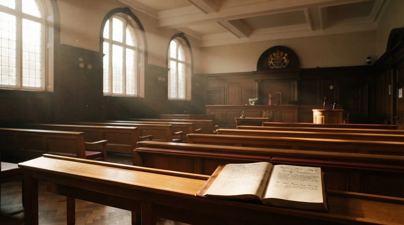 An empty courtroom with wooden benches in morning light