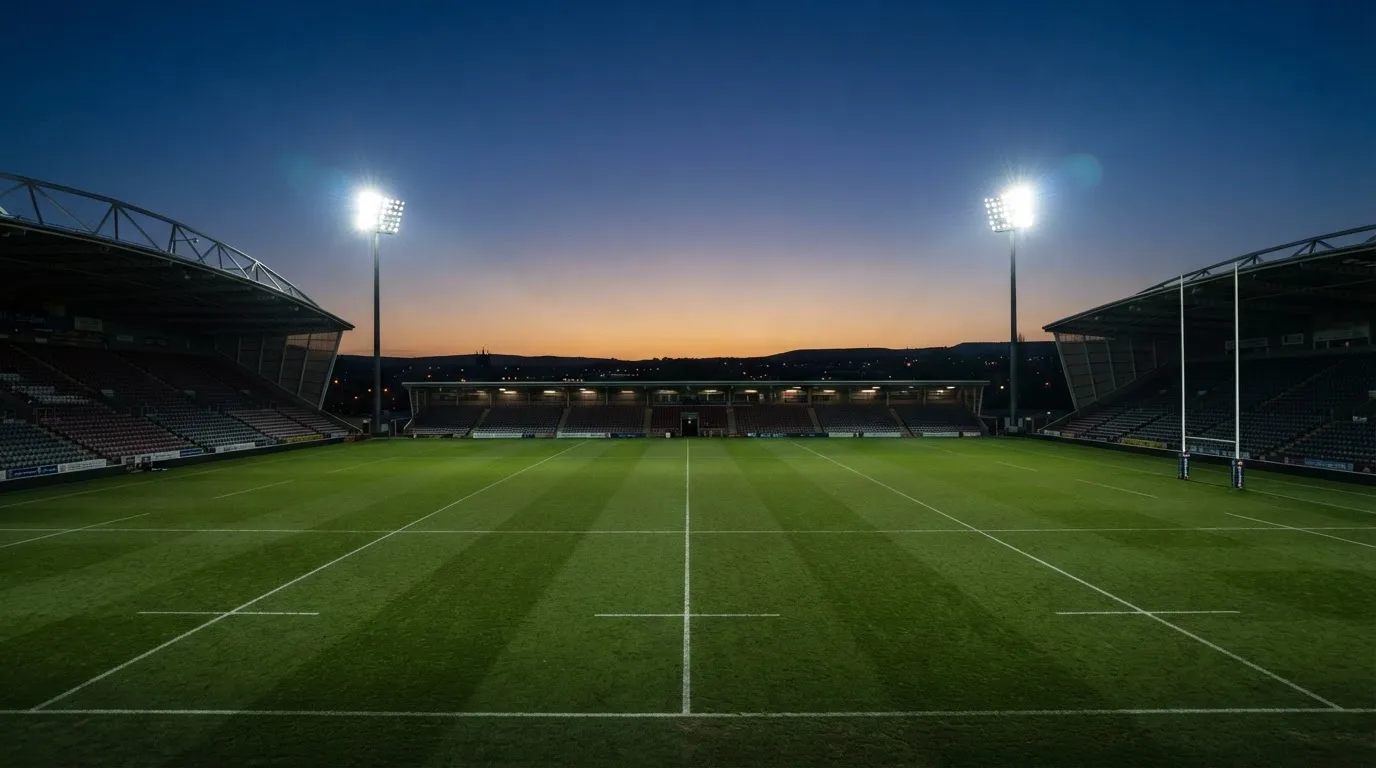 An empty football stadium with floodlight masts at dusk