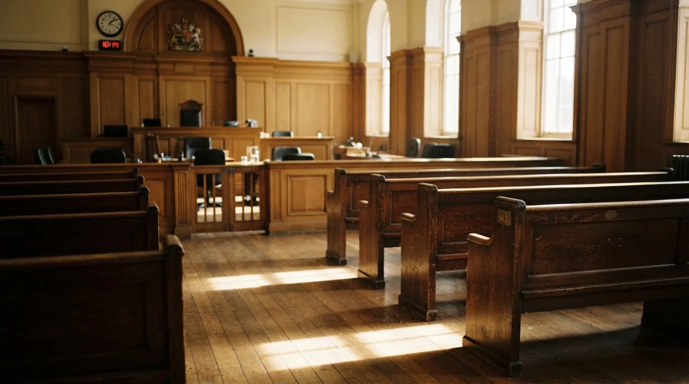 An empty courtroom with wooden benches in morning light