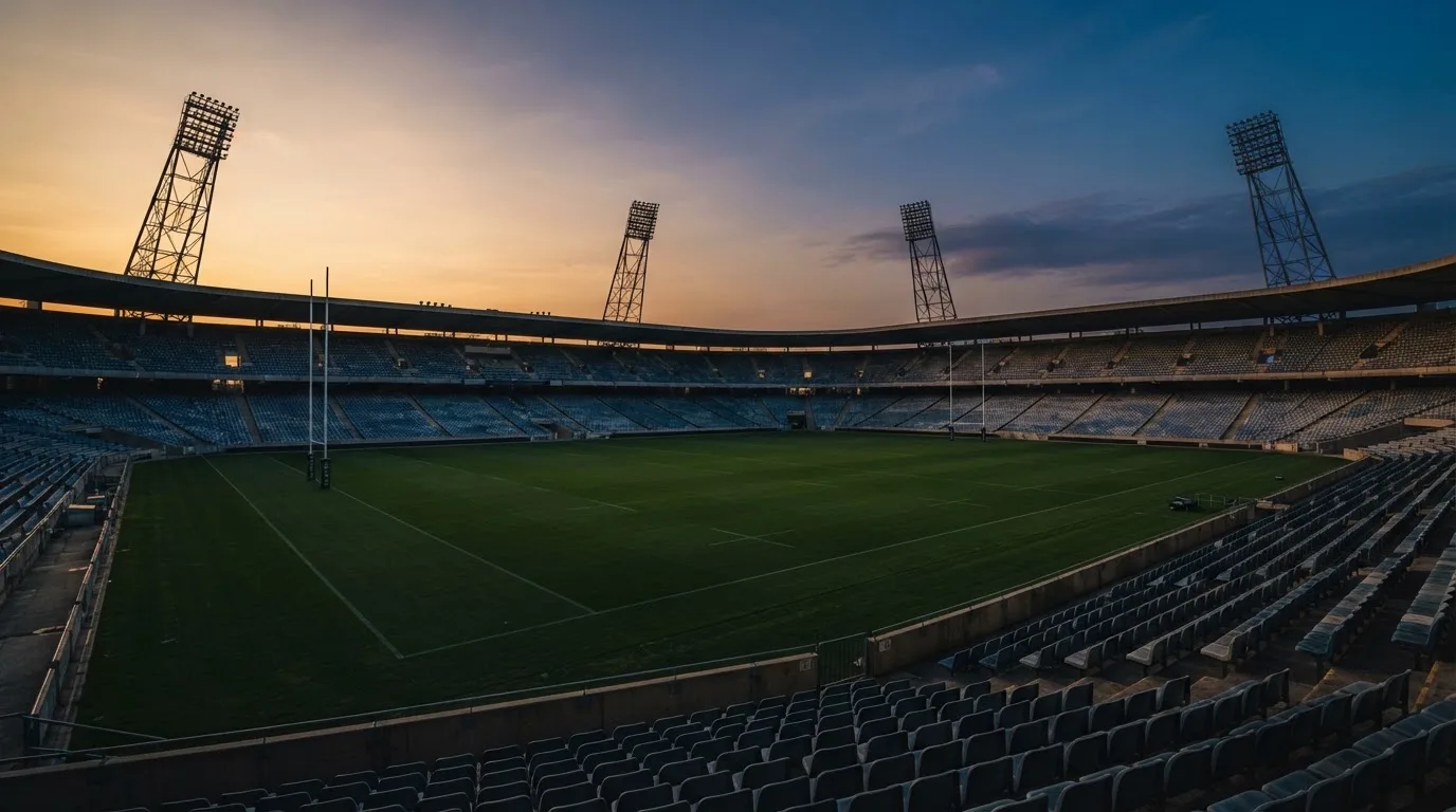 An empty football stadium with floodlight masts at dusk