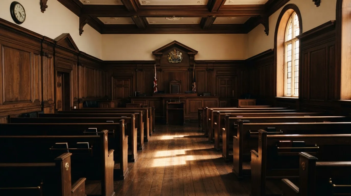 An empty courtroom with wooden benches in morning light