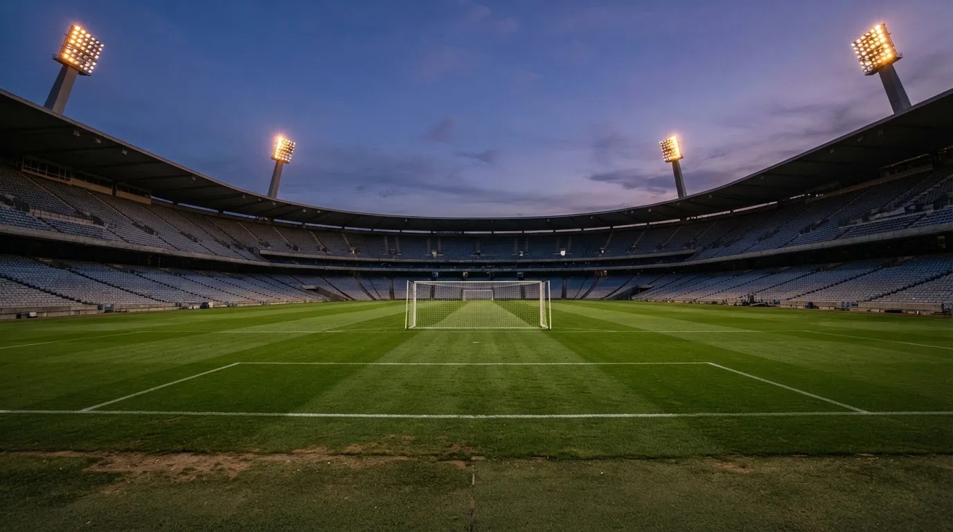 An empty football stadium with floodlight masts at dusk