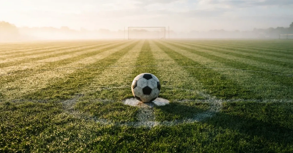 A ball on the centre spot of a grass pitch in morning light