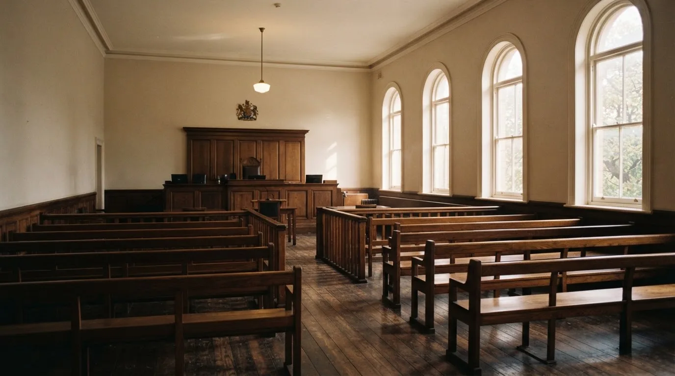 An empty courtroom with wooden benches in morning light