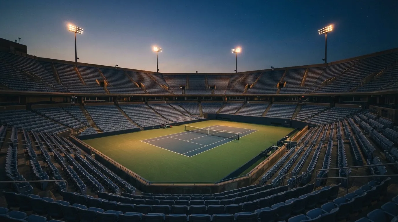 An empty football stadium with floodlight masts at dusk