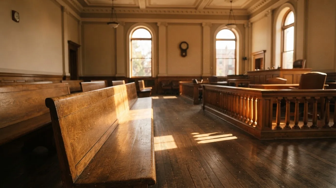 An empty courtroom with wooden benches in morning light