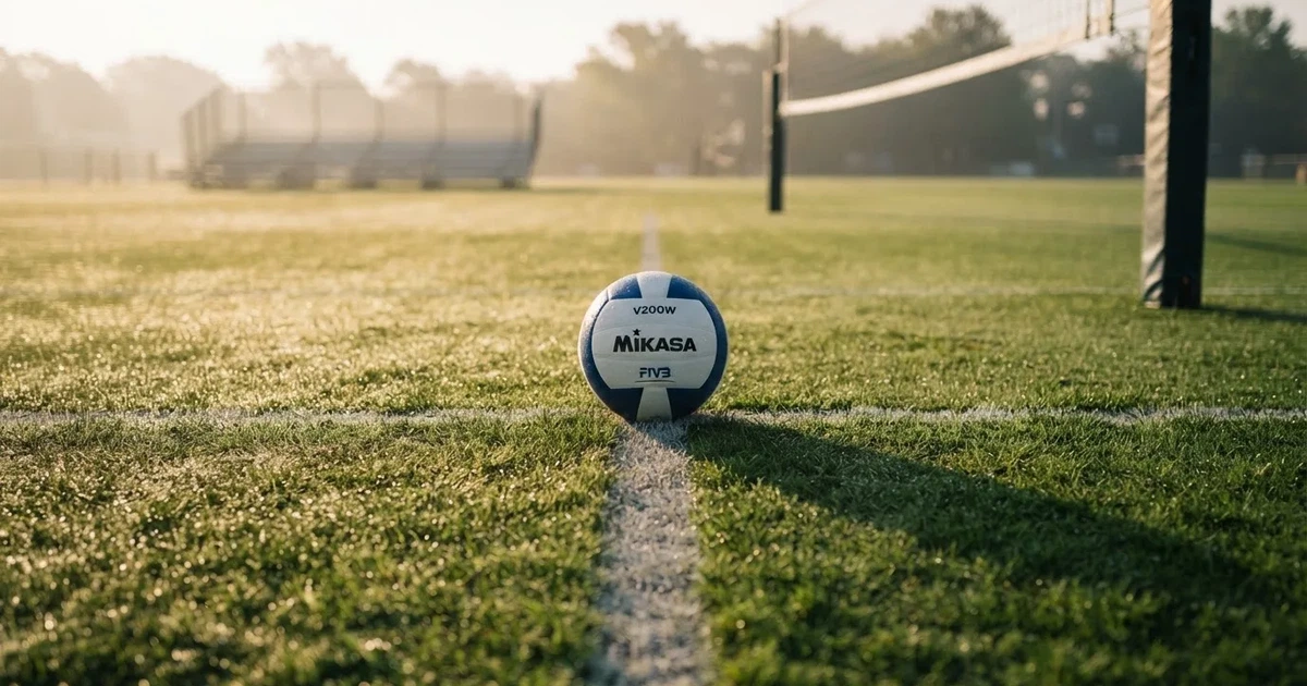A ball on the centre spot of a grass pitch in morning light
