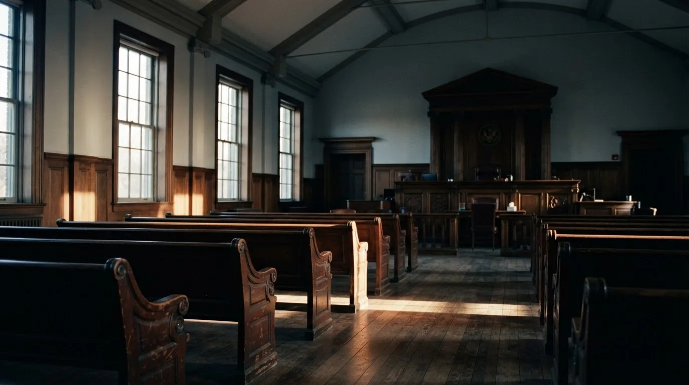 An empty courtroom with wooden benches in morning light