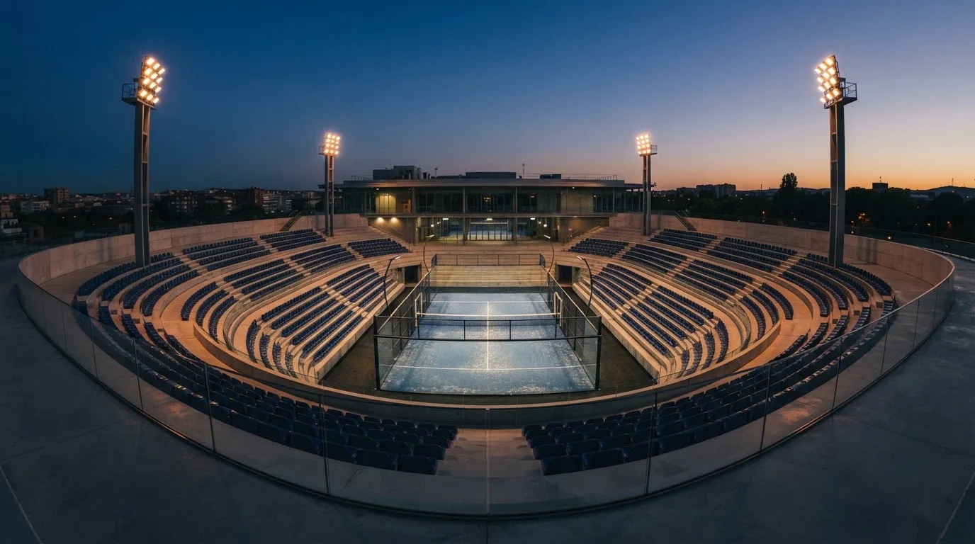 An empty football stadium with floodlight masts at dusk