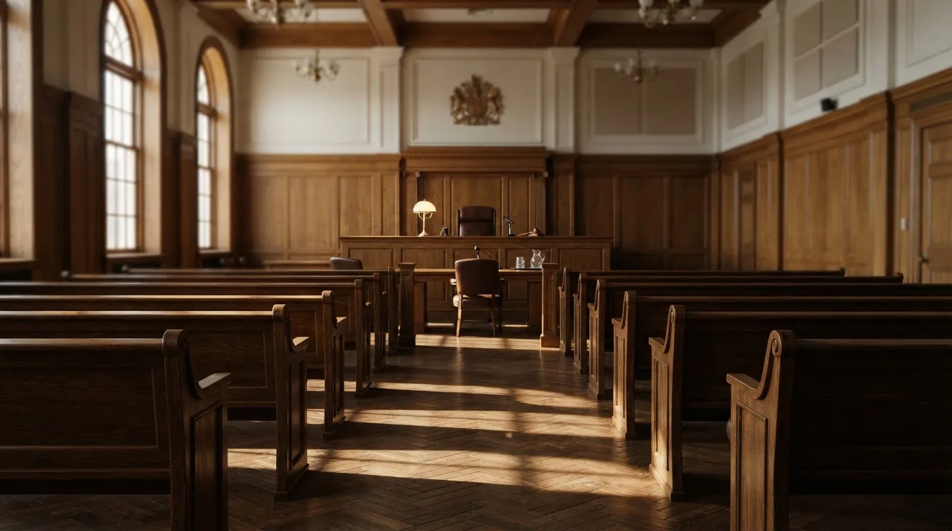 An empty courtroom with wooden benches in morning light
