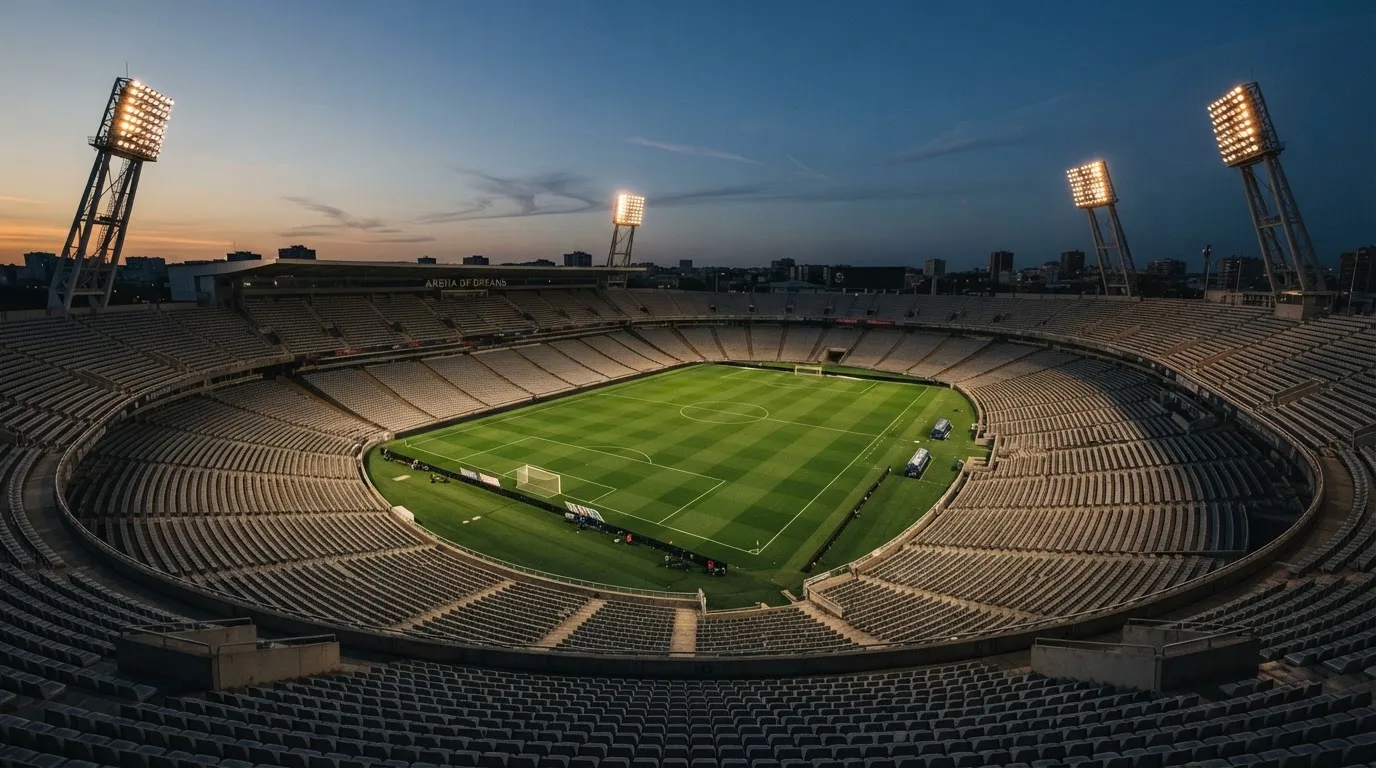 An empty football stadium with floodlight masts at dusk