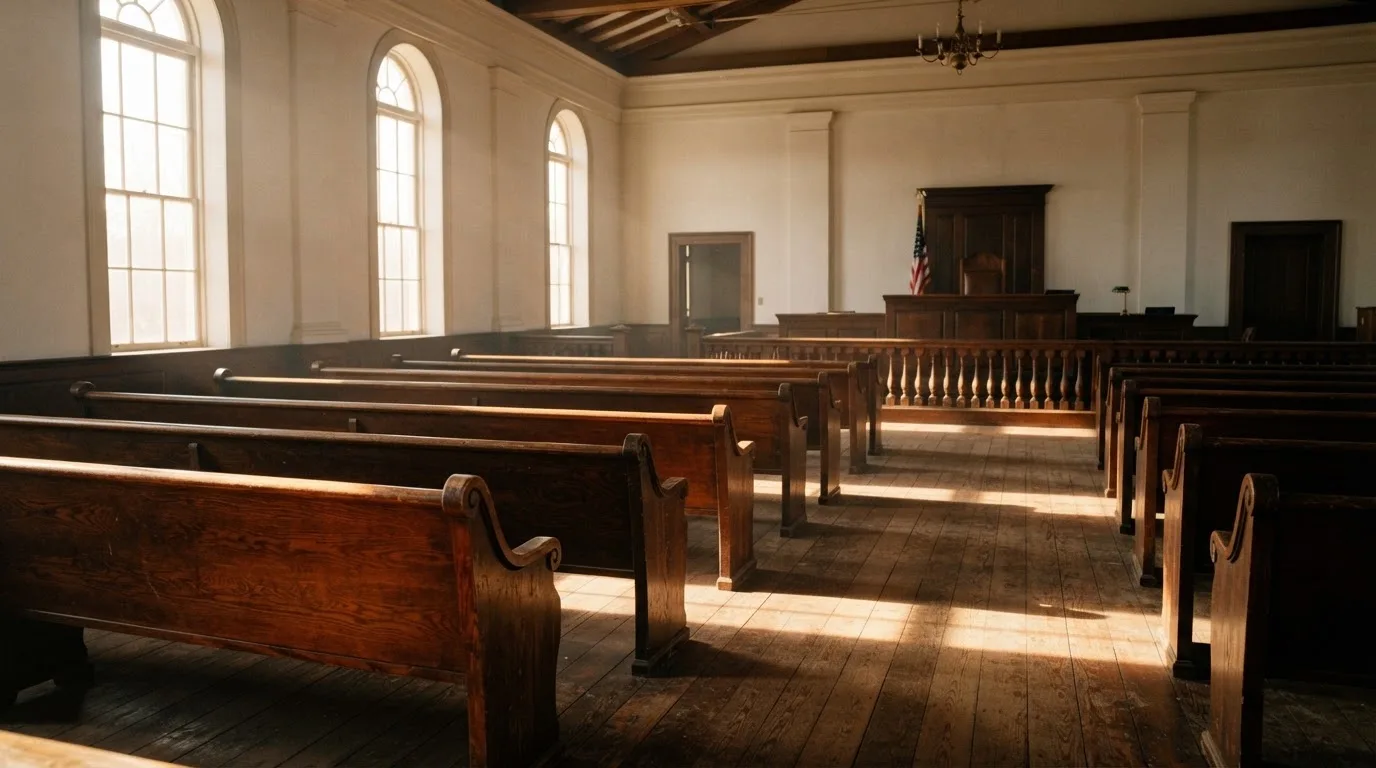 An empty courtroom with wooden benches in morning light