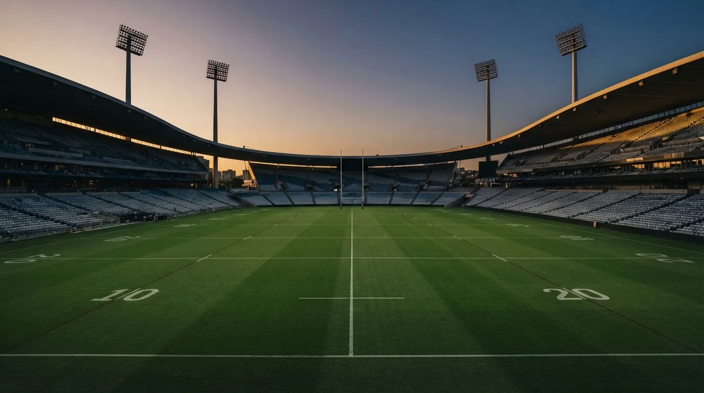 An empty football stadium with floodlight masts at dusk