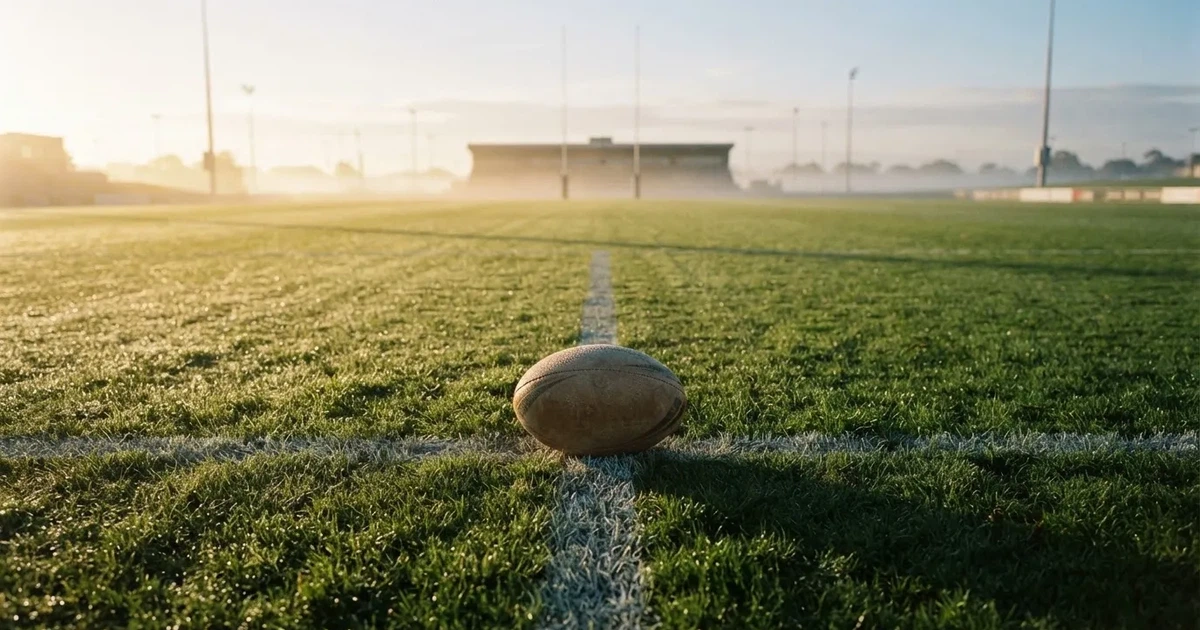 A ball on the centre spot of a grass pitch in morning light