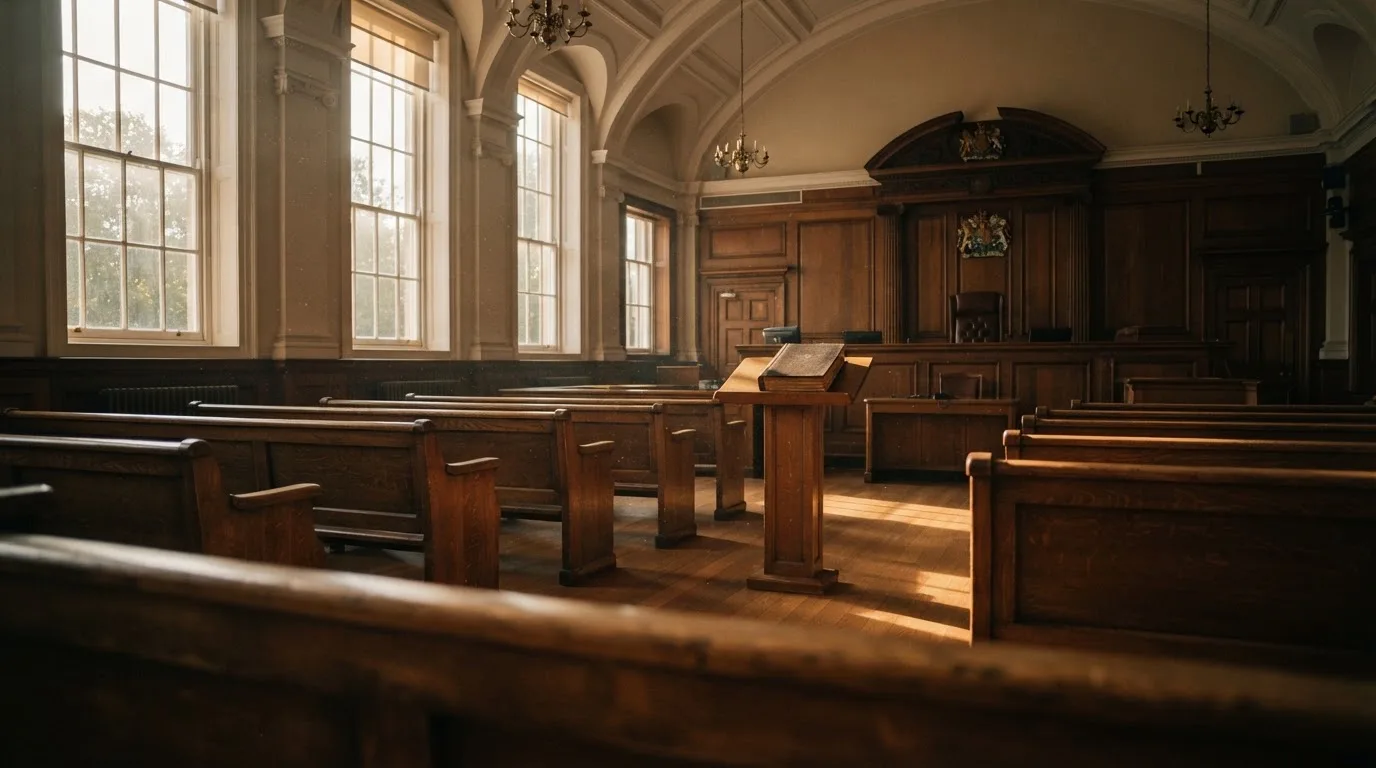 An empty courtroom with wooden benches in morning light
