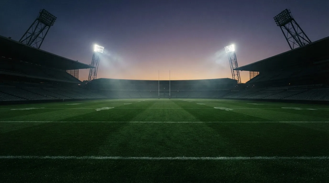 An empty football stadium with floodlight masts at dusk