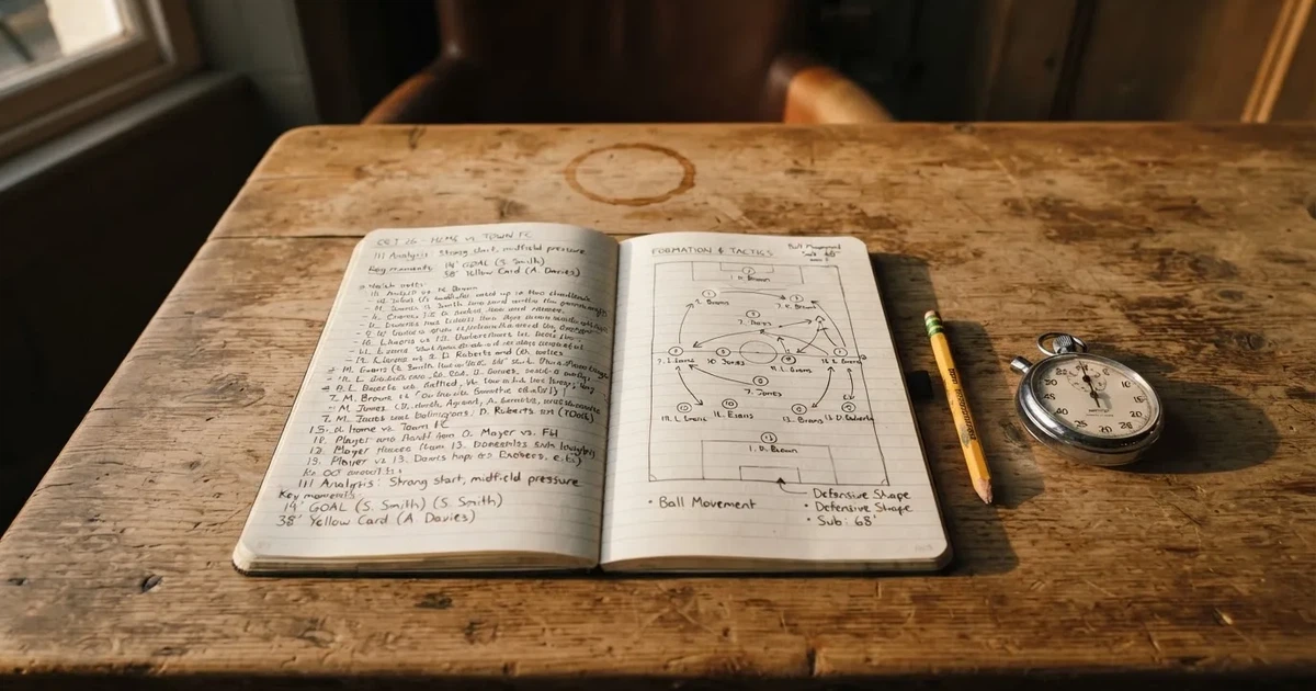 An open notebook with a pencil and a stopwatch on a wooden table