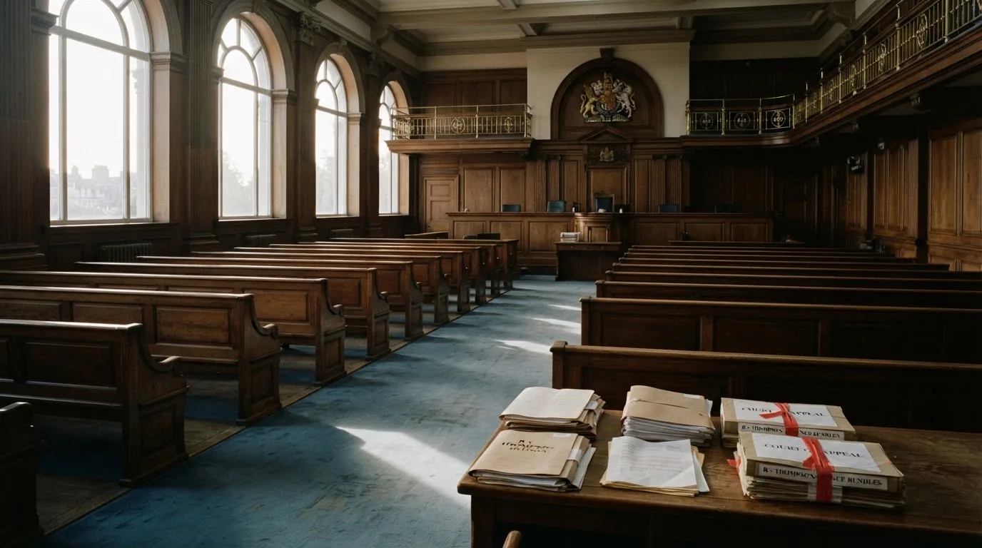 An empty courtroom with wooden benches in morning light