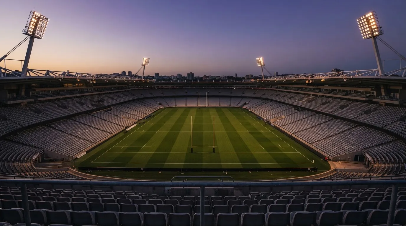 An empty football stadium with floodlight masts at dusk