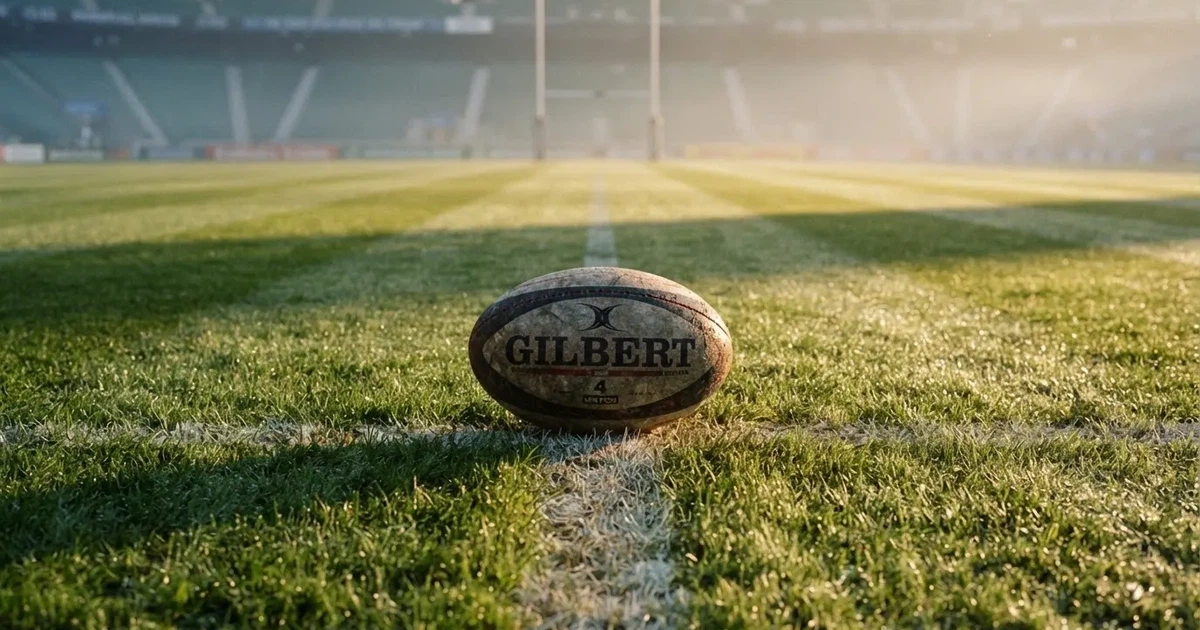 A ball on the centre spot of a grass pitch in morning light