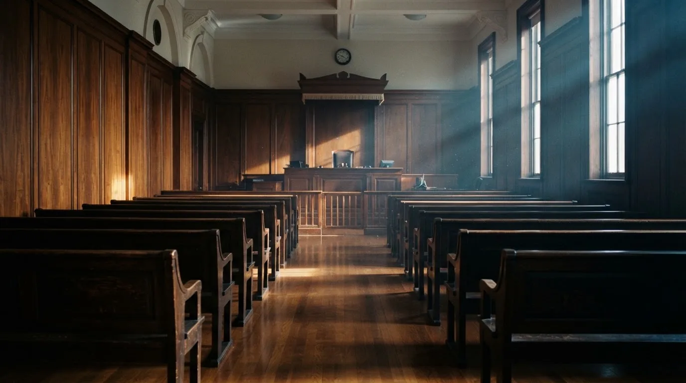 An empty courtroom with wooden benches in morning light