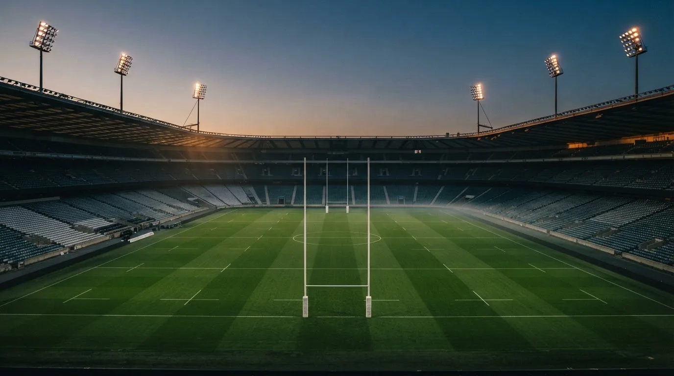 An empty football stadium with floodlight masts at dusk