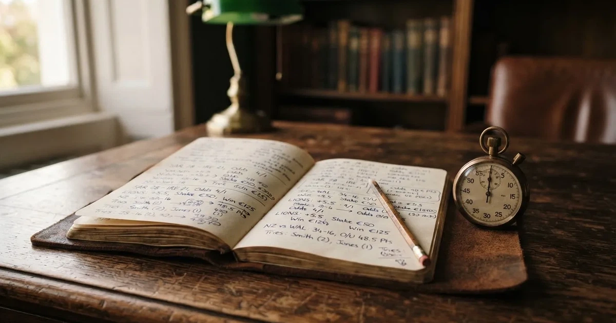 An open notebook with a pencil and a stopwatch on a wooden table