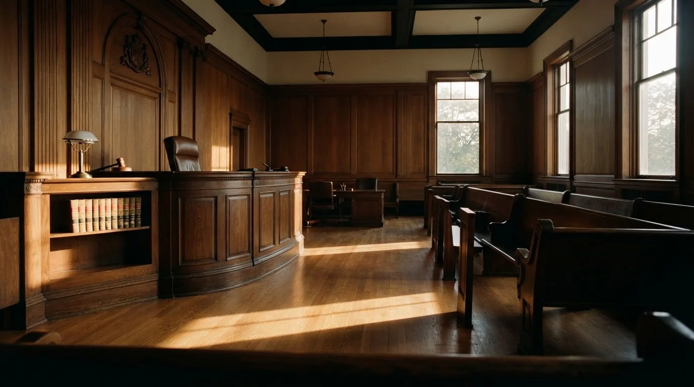 An empty courtroom with wooden benches in morning light