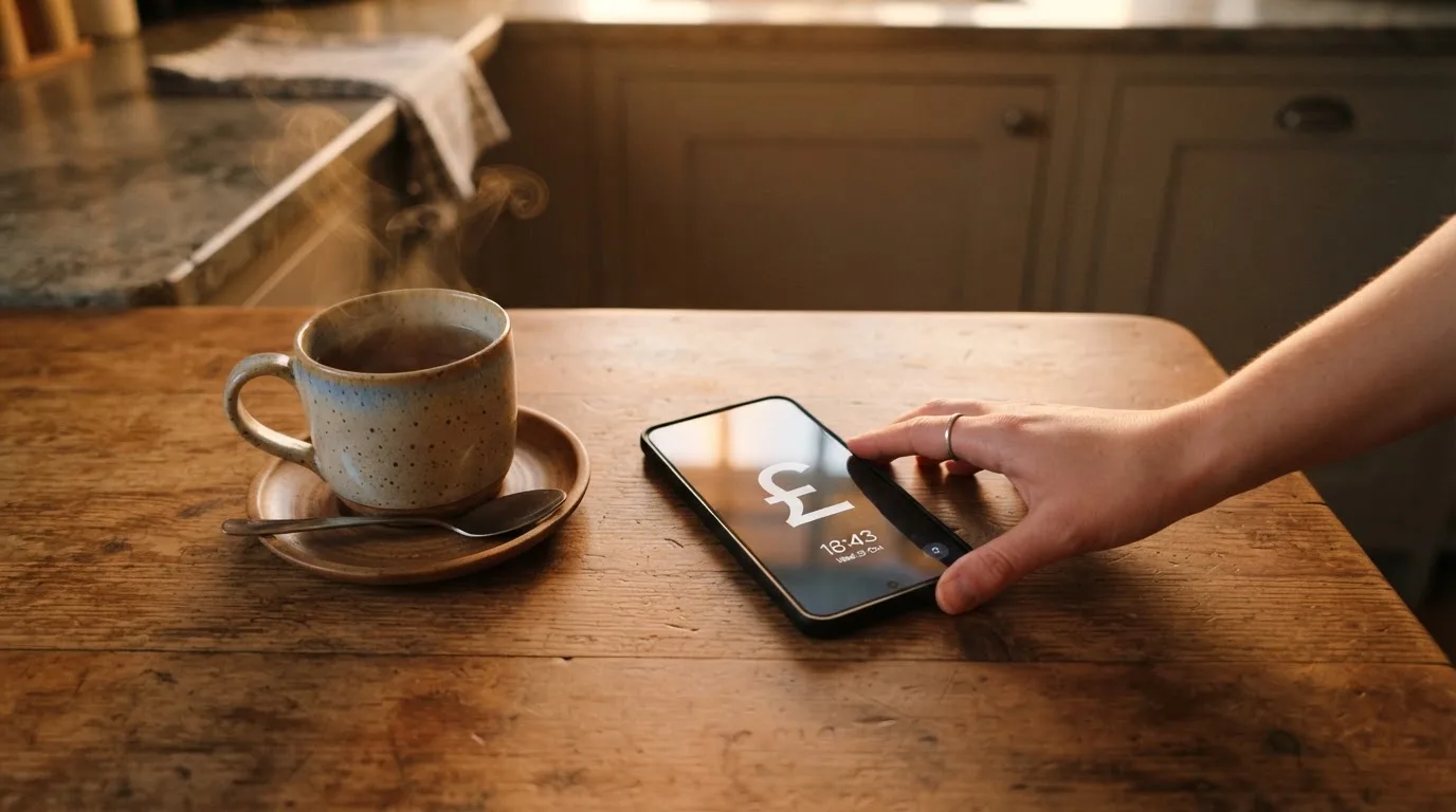 A hand setting a smartphone down beside a cup of tea on a kitchen table on a quiet evening