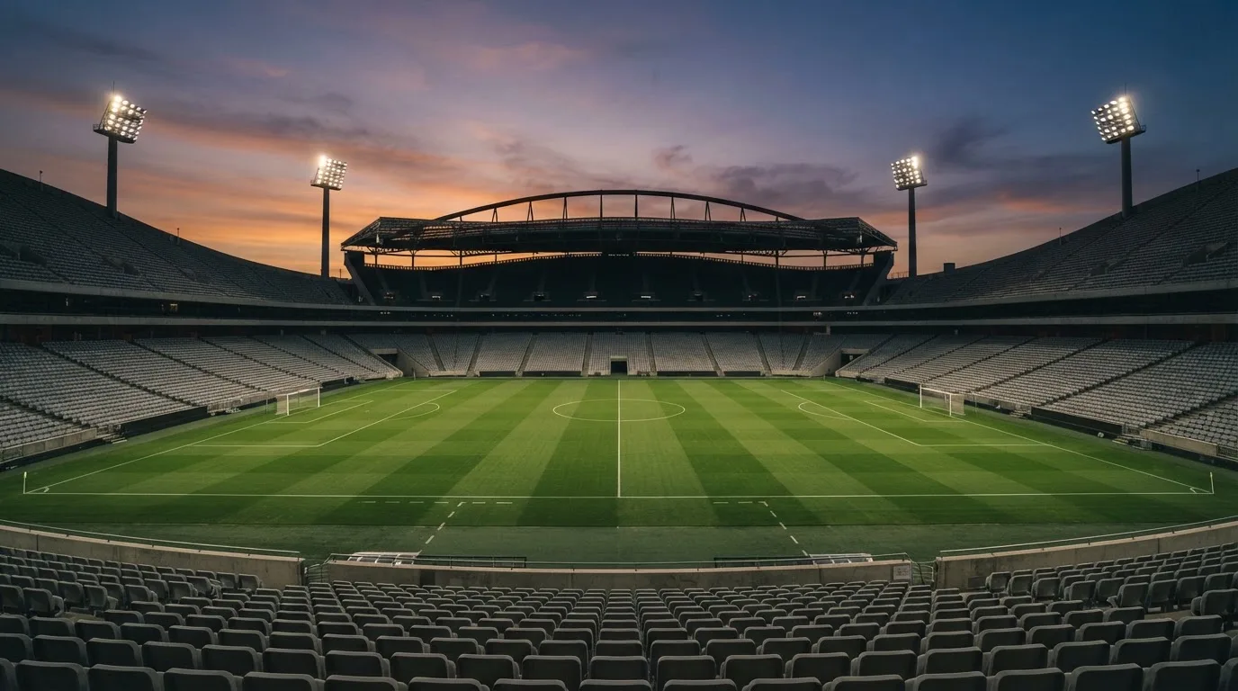 An empty football stadium with floodlight masts at dusk