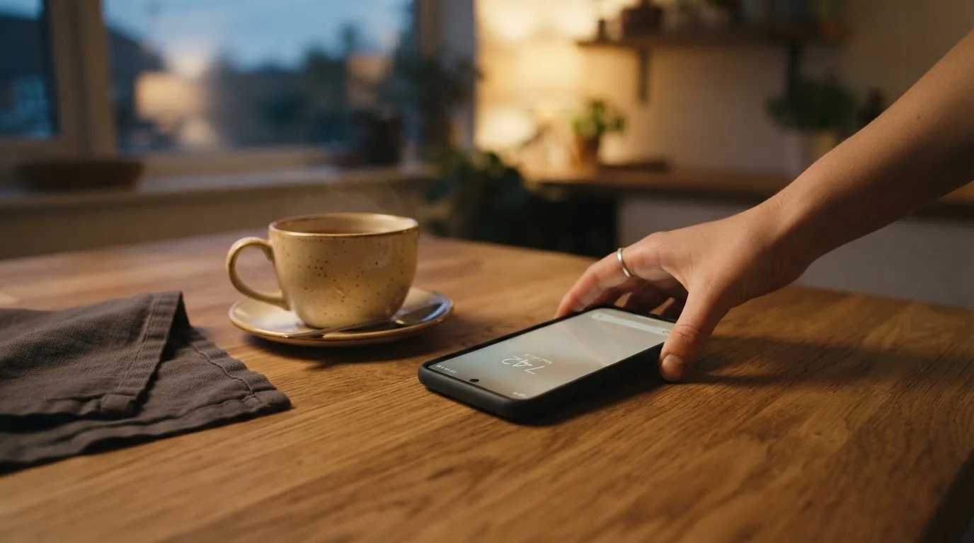 A hand setting a smartphone down beside a cup of tea on a kitchen table on a quiet evening