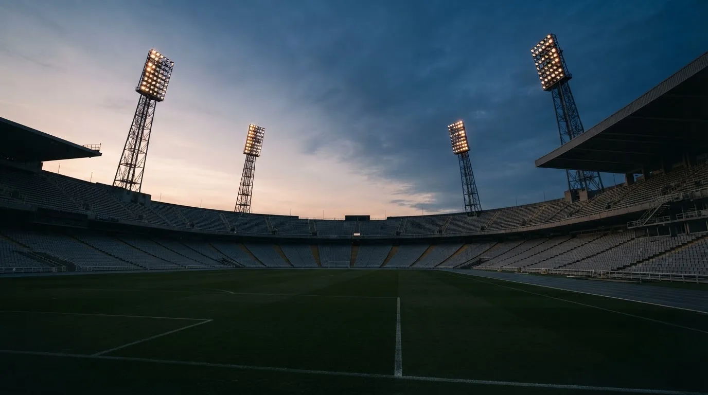 An empty football stadium with floodlight masts at dusk