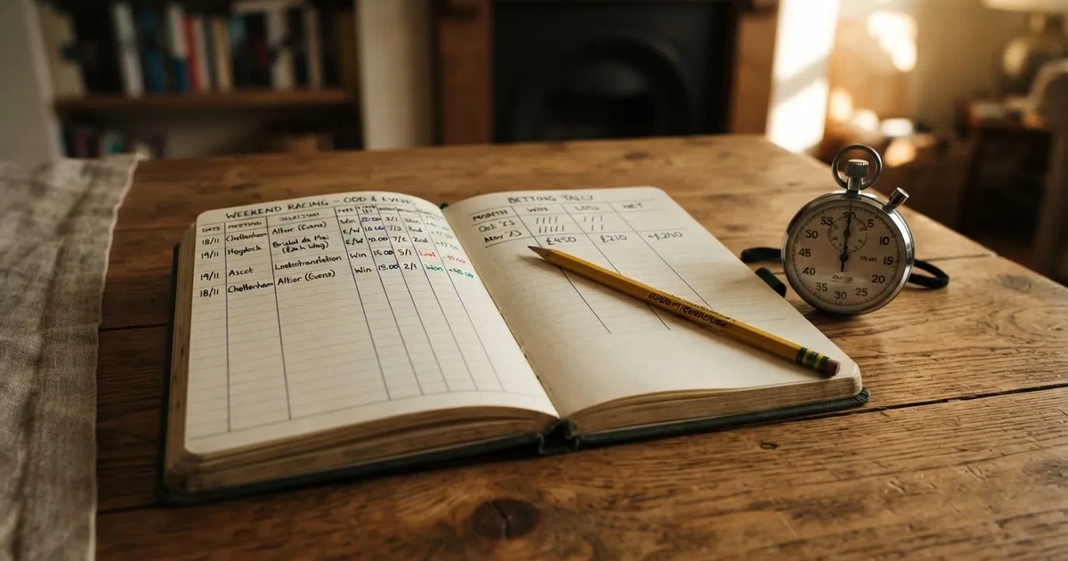 An open notebook with a pencil and a stopwatch on a wooden table
