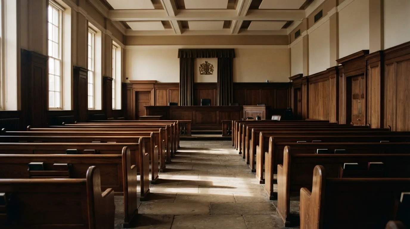 An empty courtroom with wooden benches in morning light